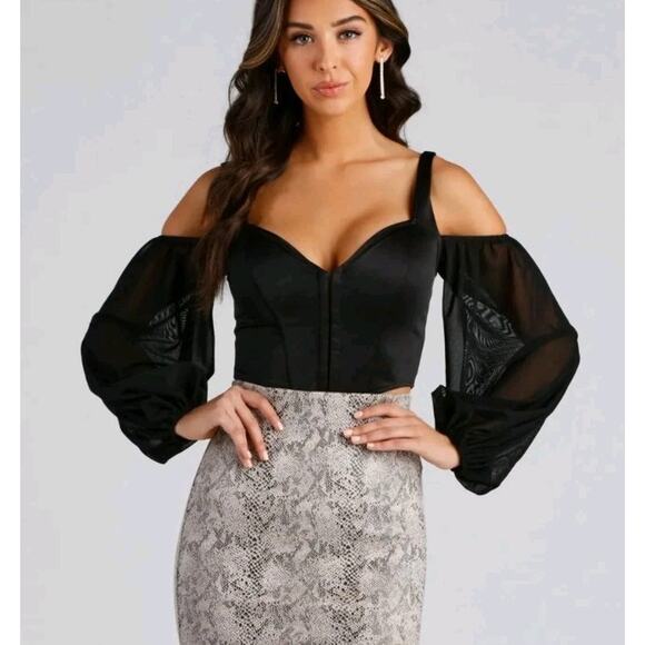 Windsor Feelin Luxe Y2K Whimsygoth Black Bustier Corset Cold Shoulder Top Size S - Picture 2 of 11